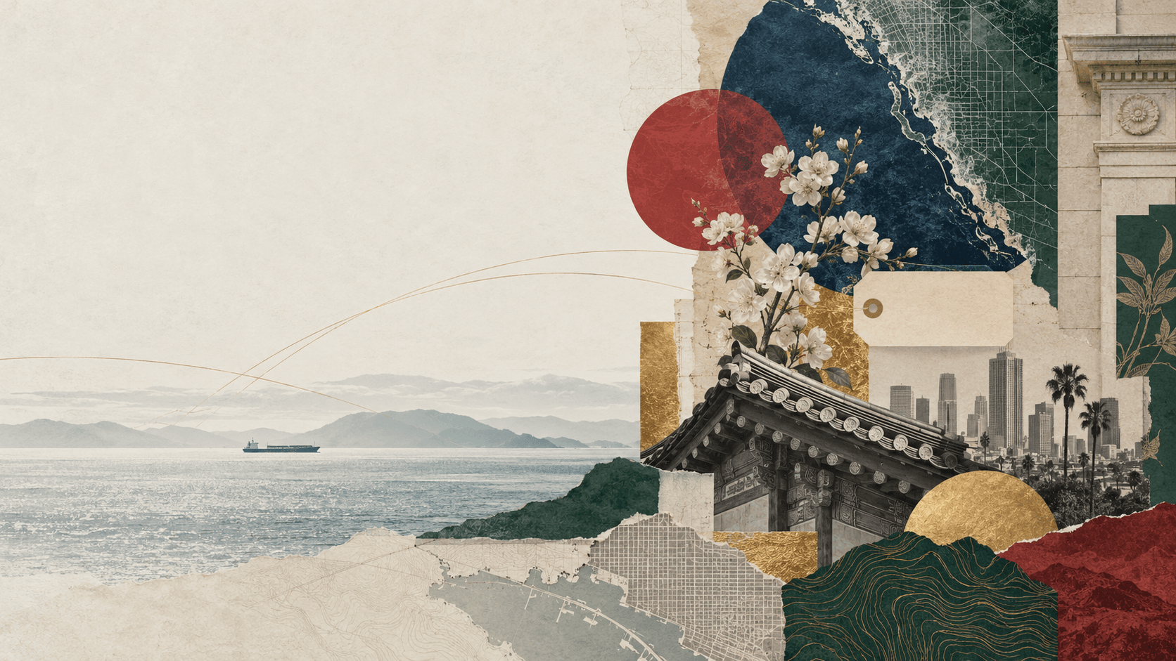 An illustrative collage connecting Korean architecture, archival textures, landscape, and community memory.
